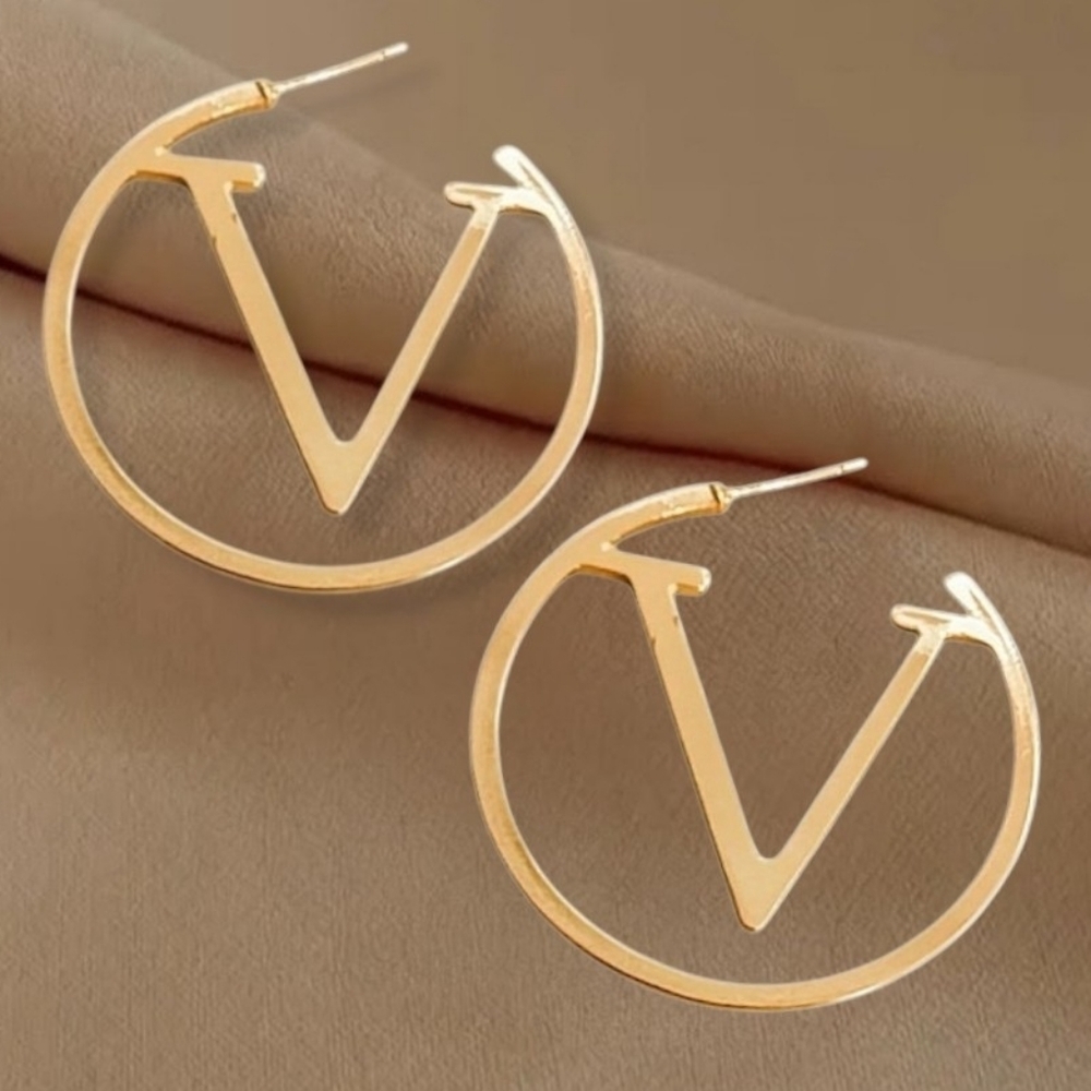 Gold Letter V Designer Hoop Earrings